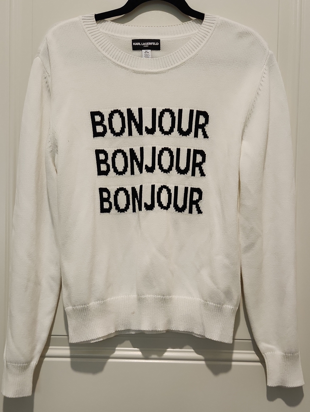 Karl Lagerfeld White and Black 'Bonjour' Crewneck Sweater